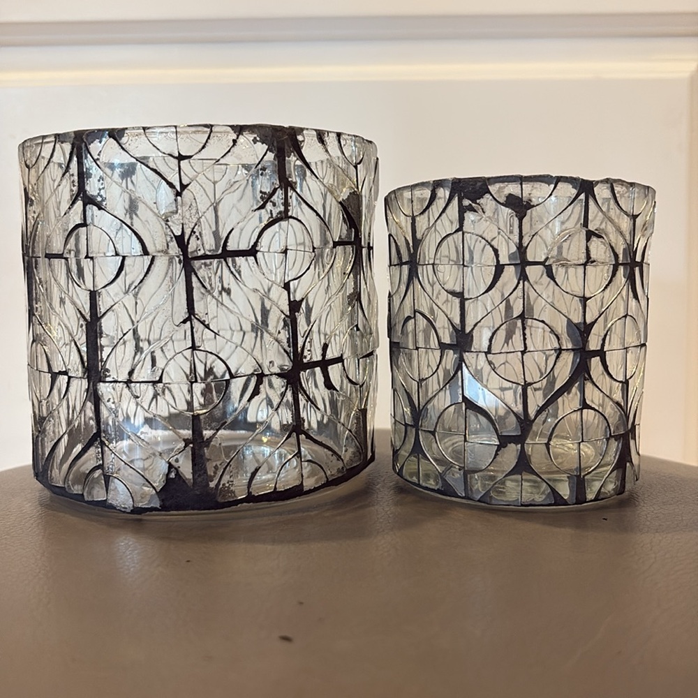 Set of 2 Hand Cut Mosaic Glass Hurricane Circlets with Ikat Pattern, Med & Small